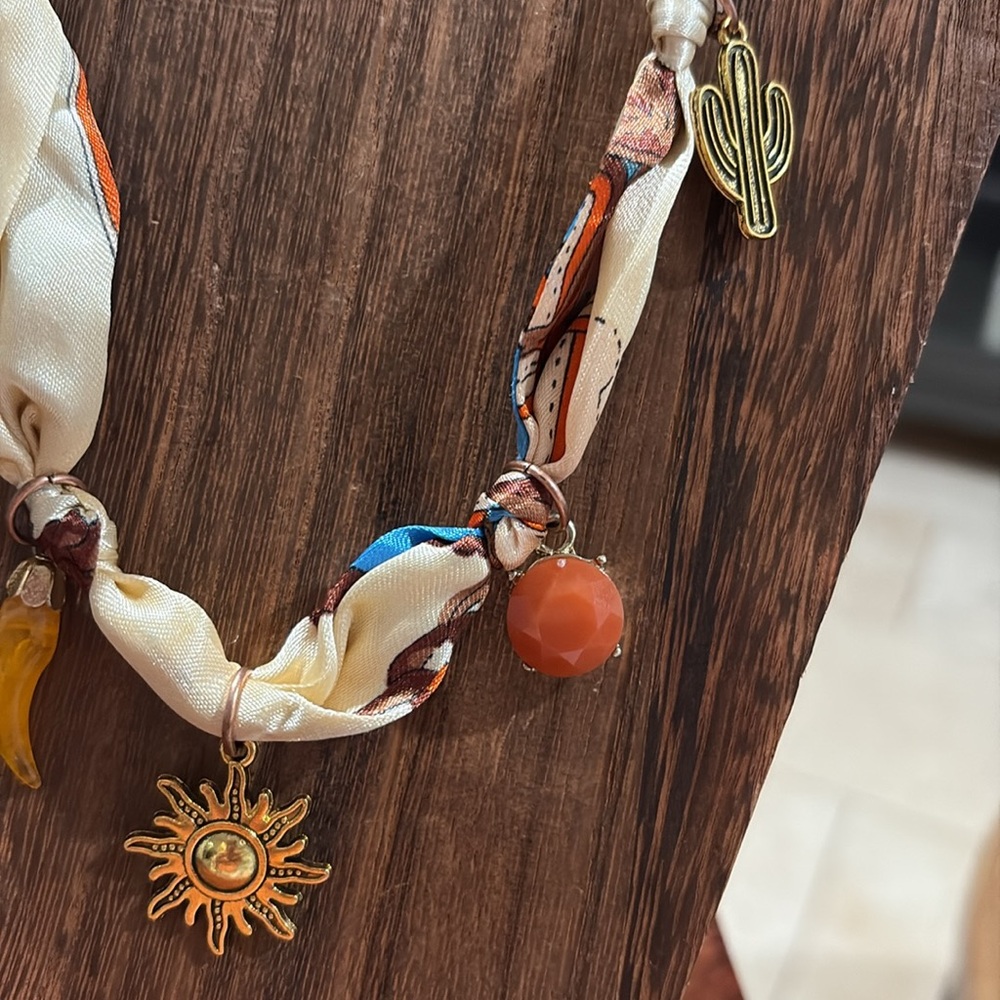 Sunset-Handmade Colorful Silky Scarf tie on Necklace with Charms - Picture 3 of 5